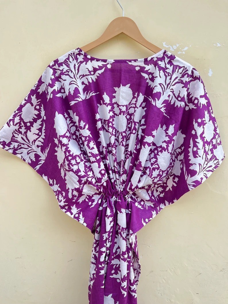 Indian Purple Floral Handmade Cotton Kaftan Maxi Dress Women’s Clothing Gown US