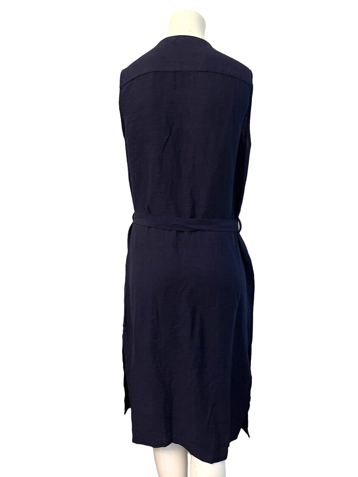 Zara Basic Medium Tie Waist Expozed Zipper Dress Navy Blue Sleeveless Side Slits