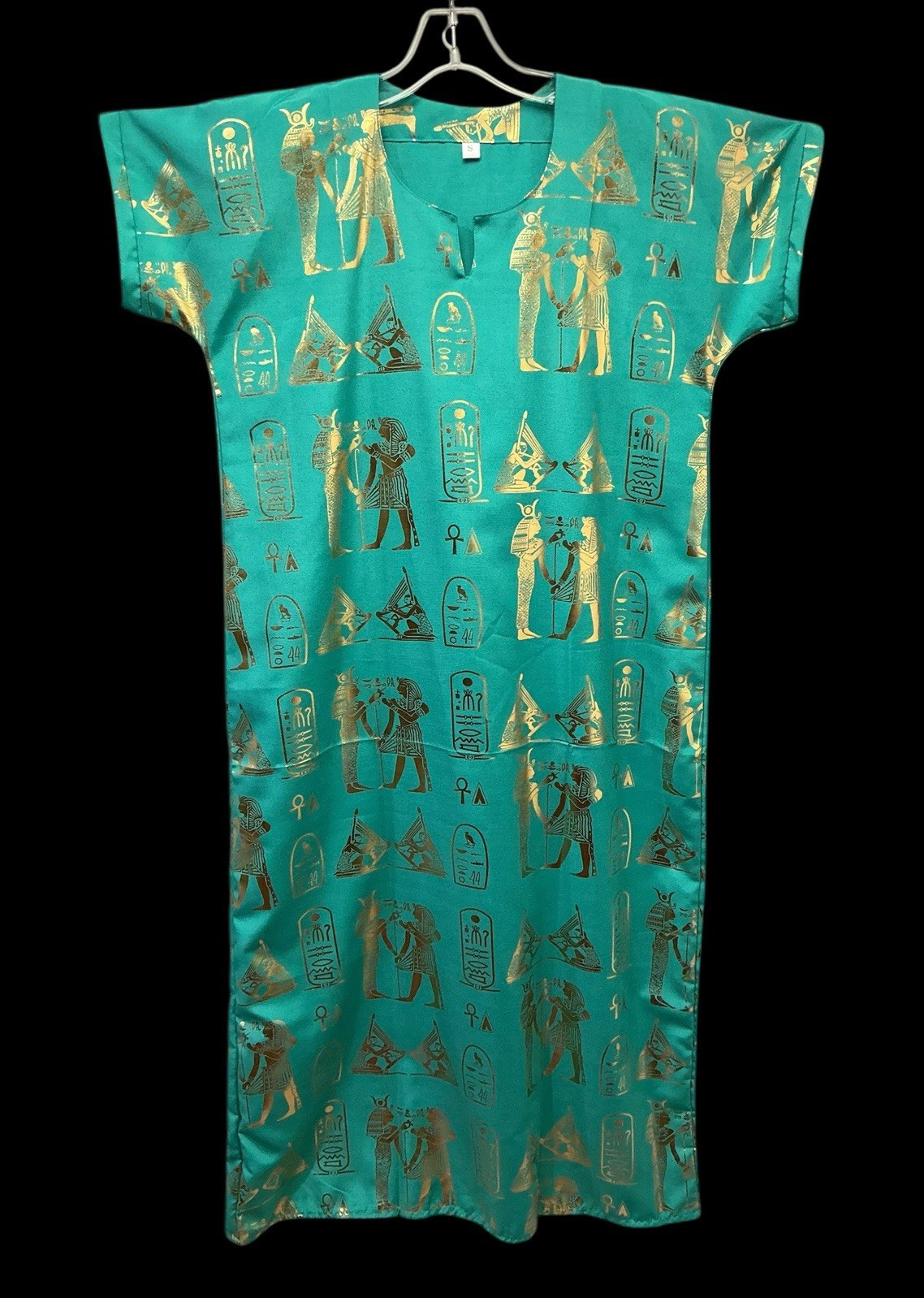 Teal & Gold Egyptian Print Kaftan Dress – Made in Egypt – Size S – Short Sleeve