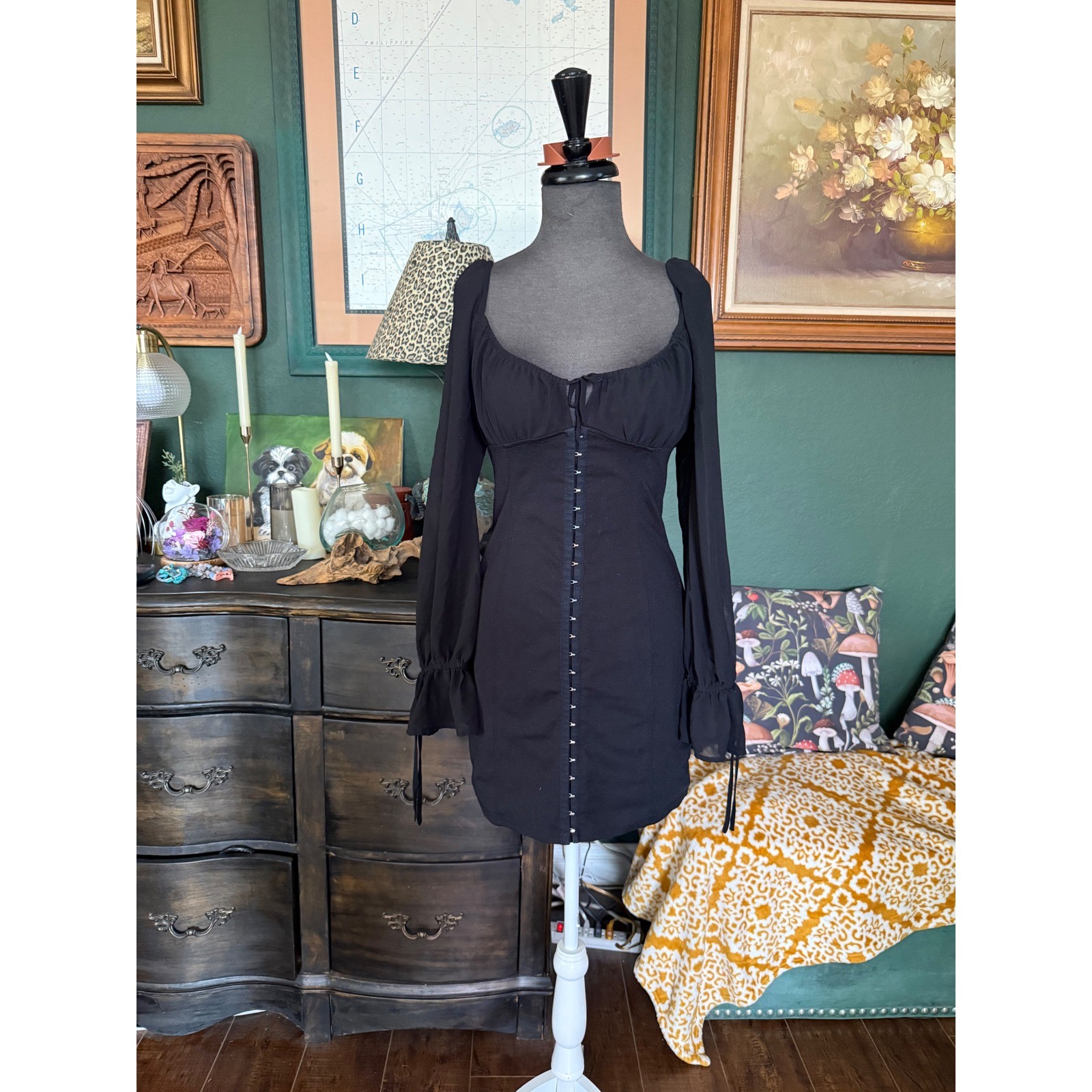 Forever 21 Black Hook and Eye Corset Milkmaid Mini Dress Sheer Long Sleeve Large