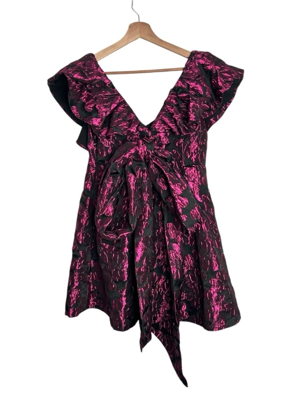 Amy Lynn Jaime ruffle sleeve mini dress with bow back pink floral jacquard Small
