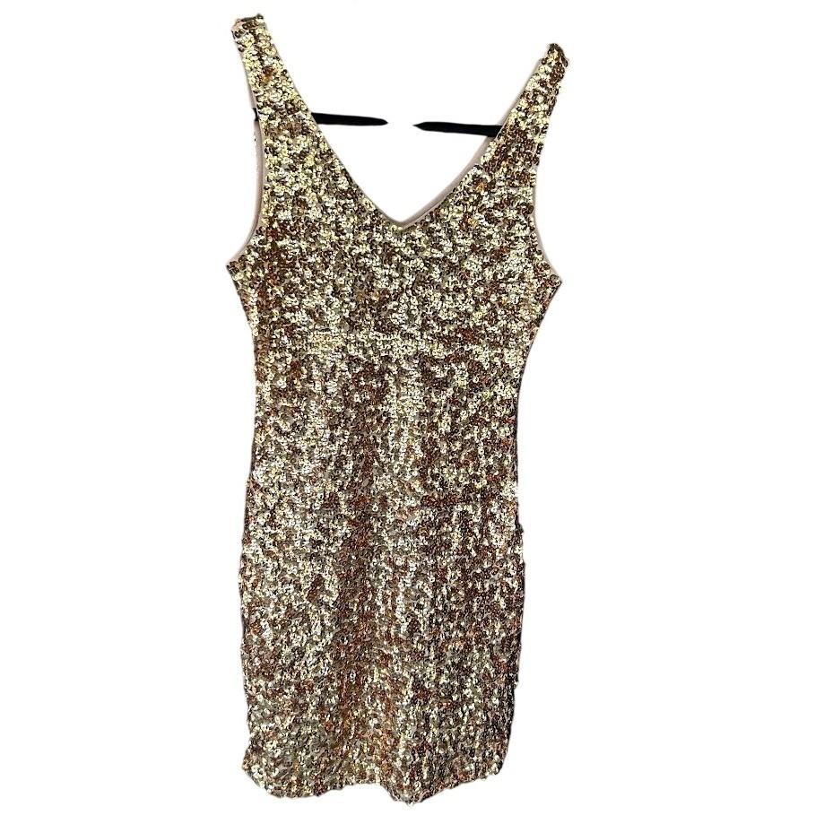 PrettyGuide Gold Sequin V Neck Sleeveless Party Cocktail Mini Dress – Small