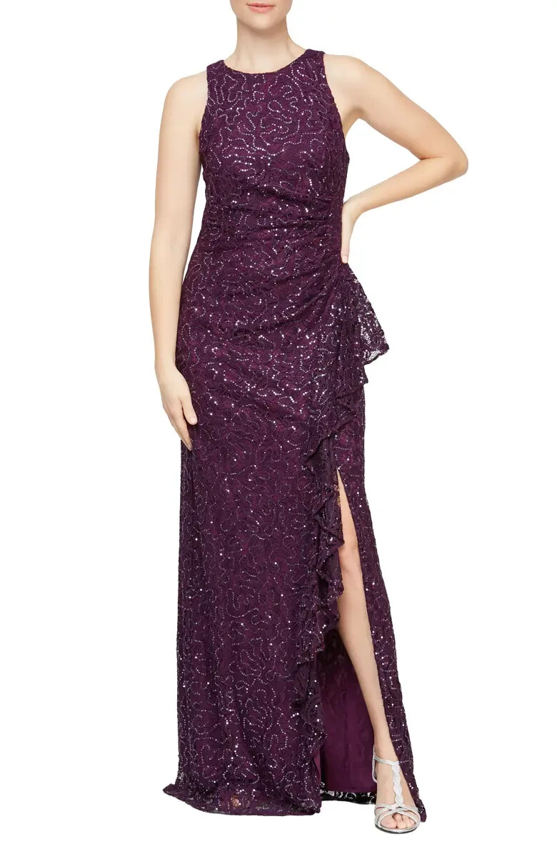Alex Evenings Plum Sparkle Ruffle Sequin Lace Gown Sz 4 $219