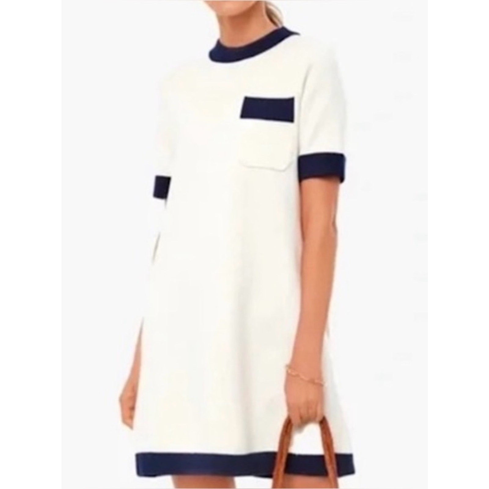 Tuckernuck Ivory Navy Contrast Knit Mini Shift Dress Wool Blend Size L