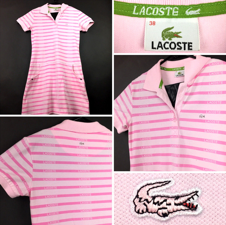 Lacoste Womens Sz 38 (32in Bust) Pink Striped Cotton Barbiecore Piqué Polo Dress