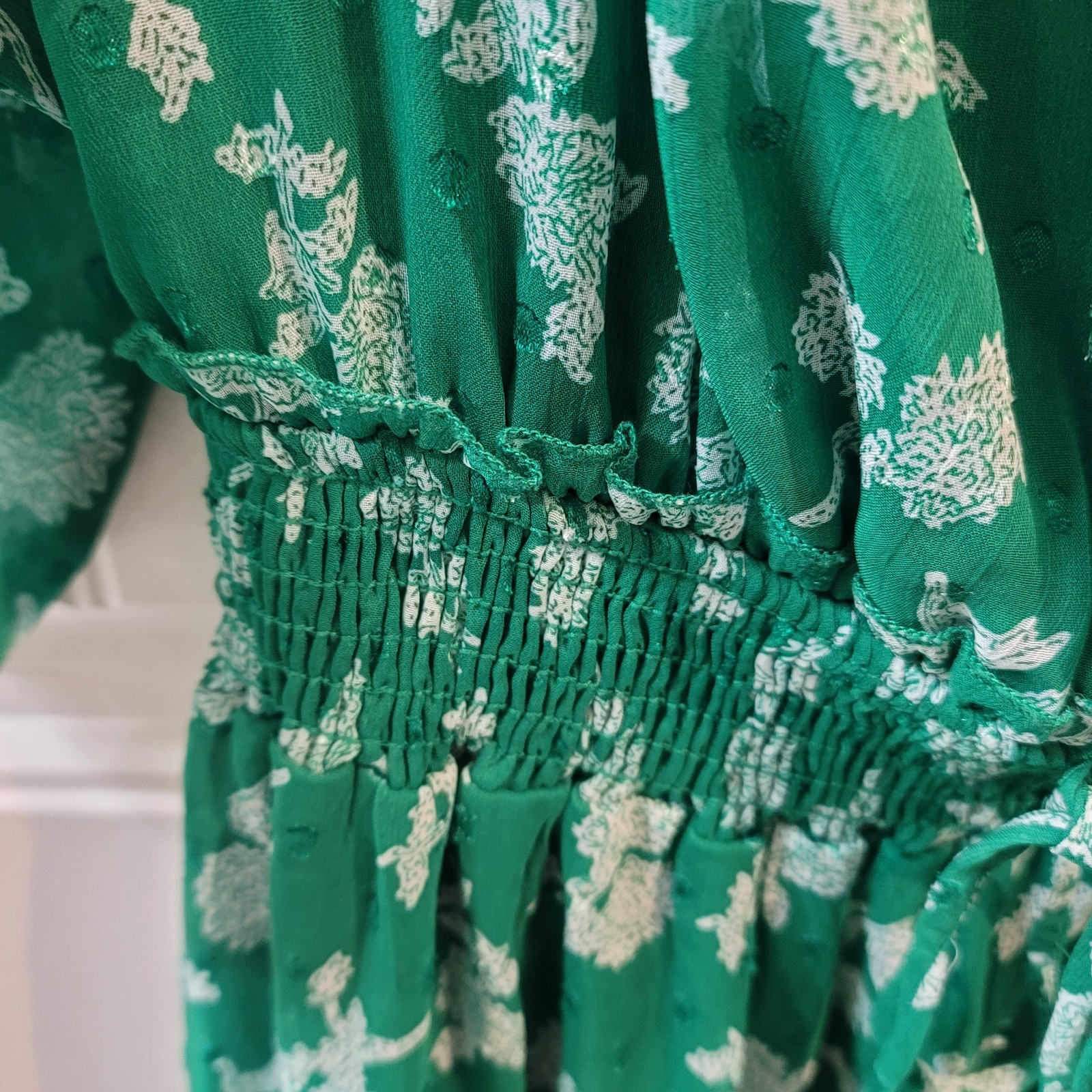 Ryan Michelle Green Midi Floral Peasant Dress, Tiered, Boho, Cottagecore Small