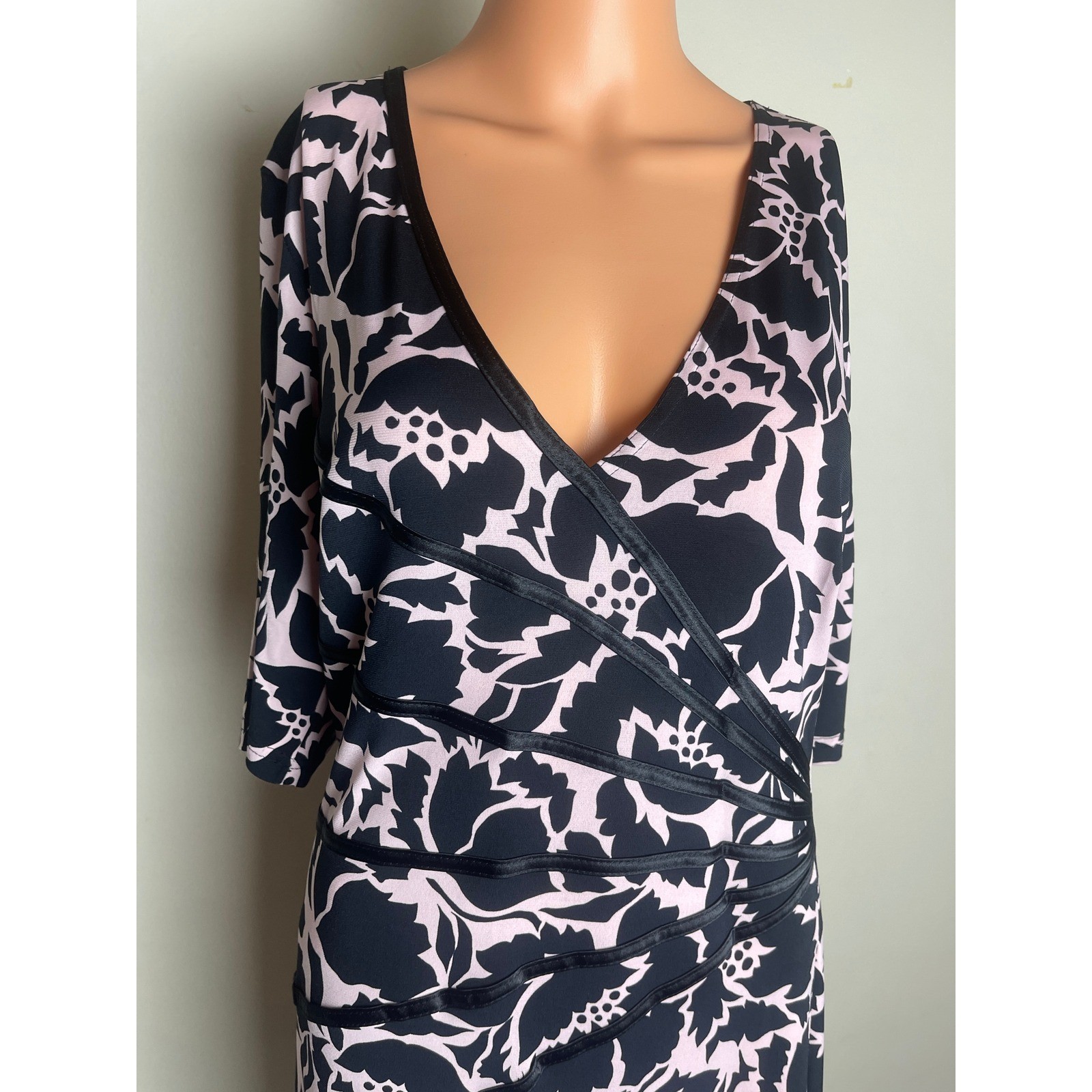 Connected Apparel Womens Pink Black Floral Faux Wrap Midi Dress Elbow Sleeve 12