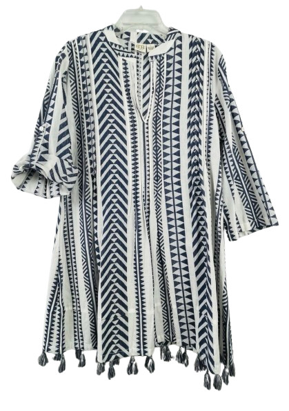 BOO GEMES BB Sz L Tunic Dress Coverup Cotton Blue Aztec Stripe Tassels Tab Sleev