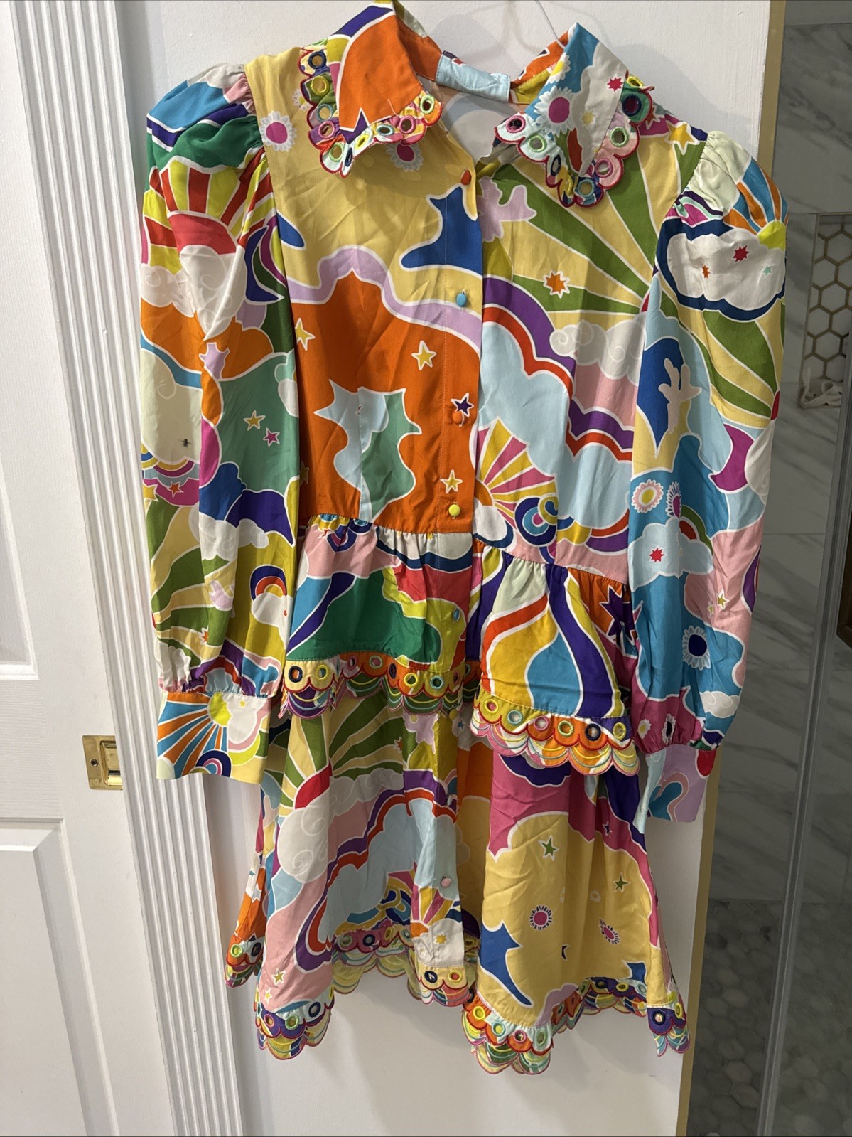 Celia B Dress New With Tags Tiered Mini Shirt Dress Rainbow Cloud Print Size NWT