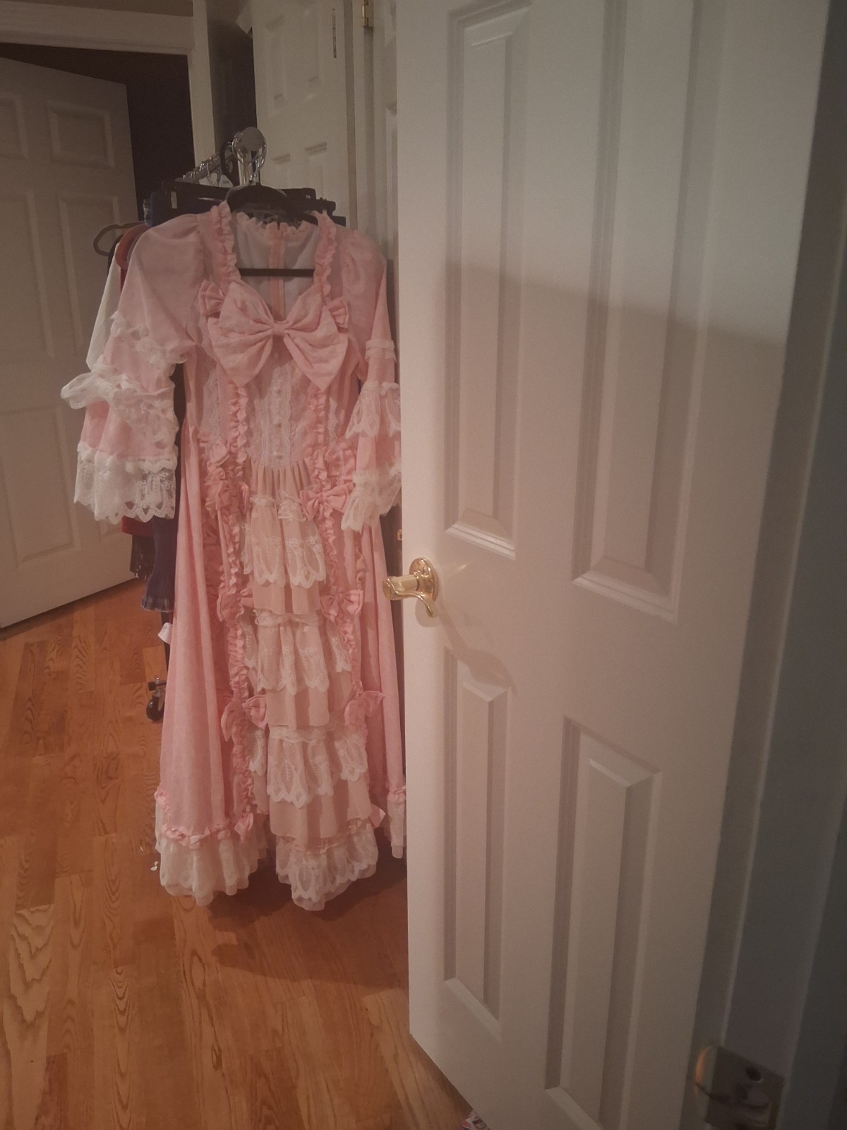 Women’s Pink/White Solid Lace Ruffle Bow High Neck Maxi Dress Button Size S