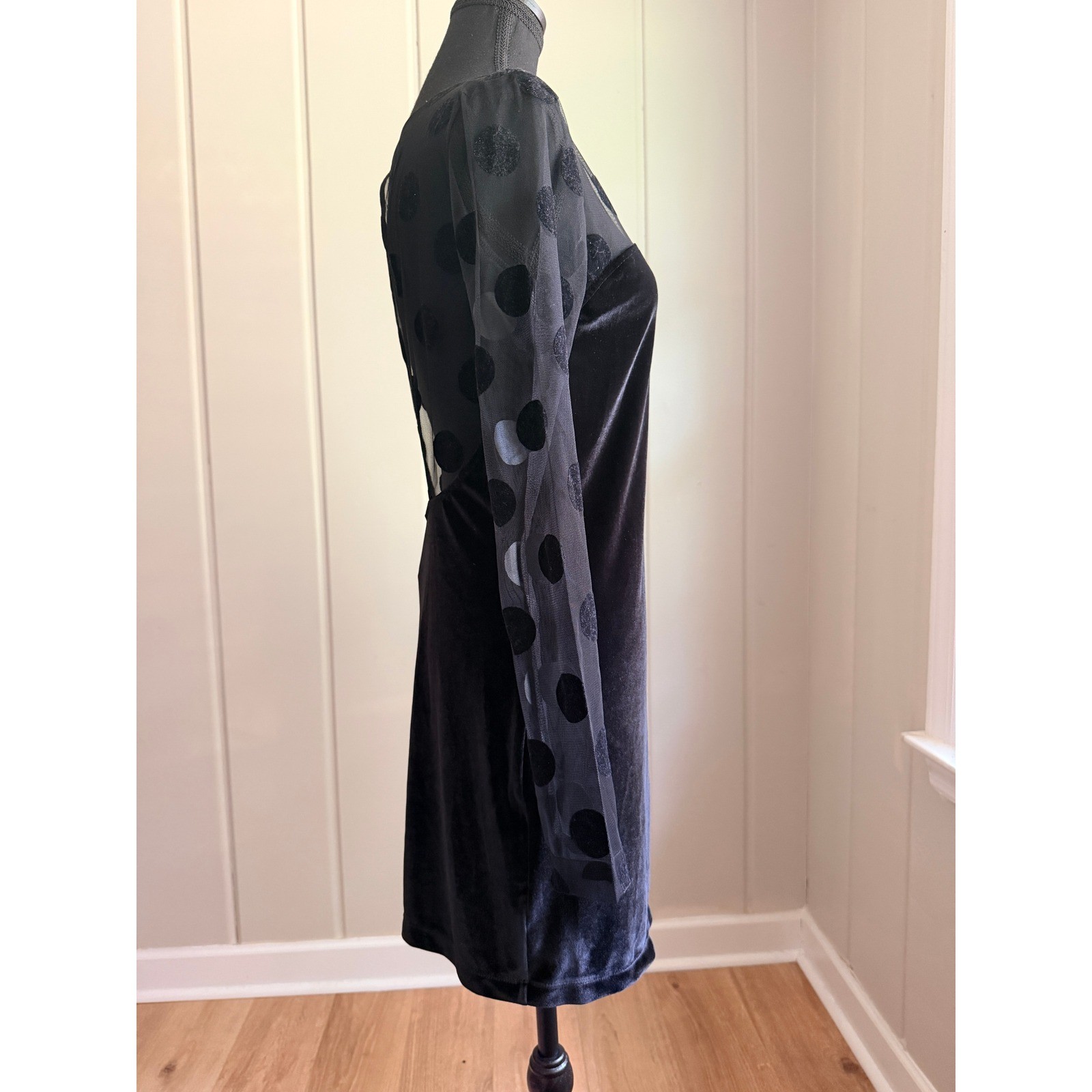BCBGeneration Black Velvet Sheer Polka Dot Long Sleeve Mini Dress XS