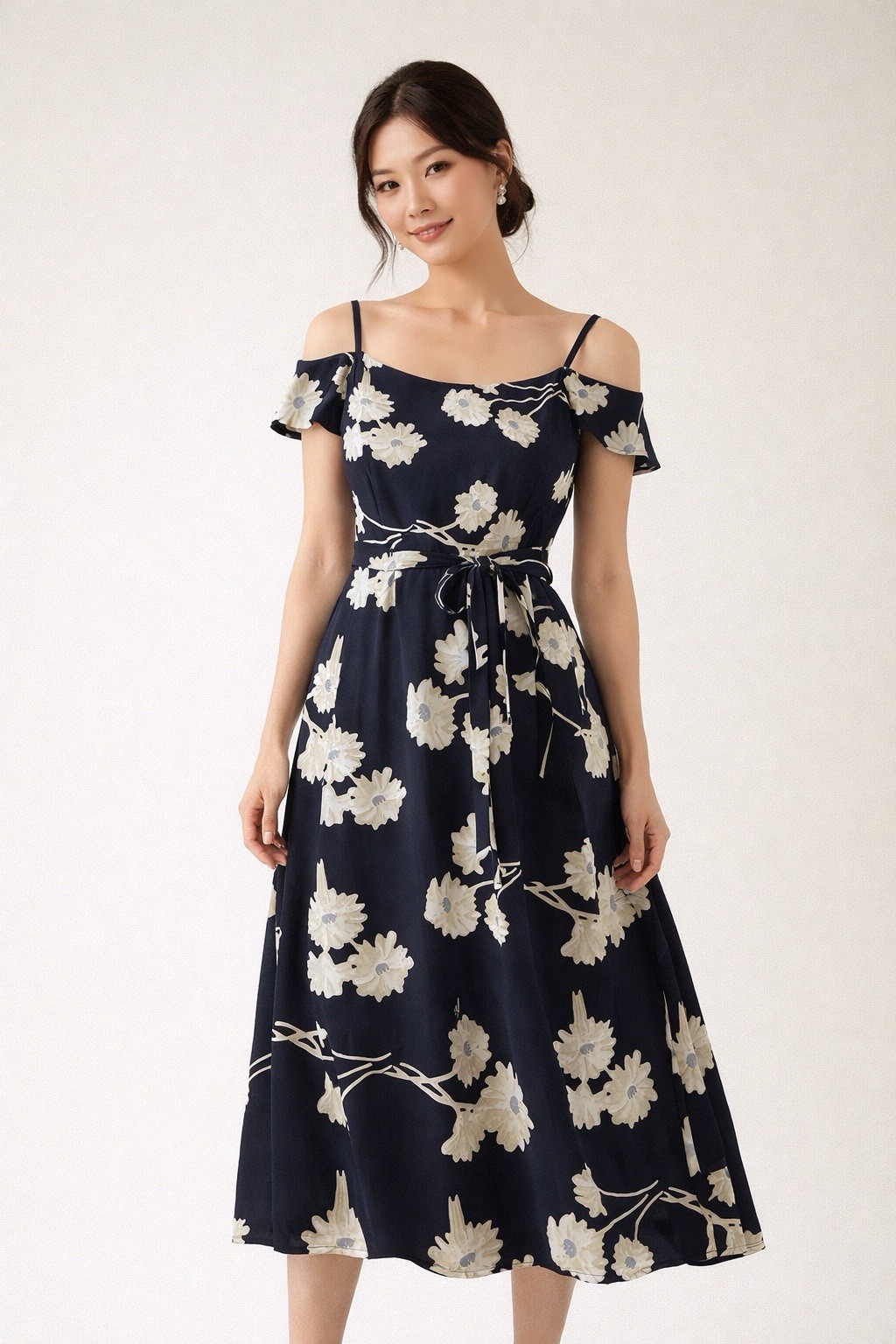 Jonathan Martin Floral Midi Dress – Size 11 – Waist-Cinching Tie Back –