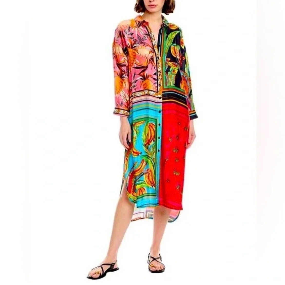 FARM Rio Scarf Mix Shirt Dress Womens XS Multi Tropical Patchwork Midi Boho New
