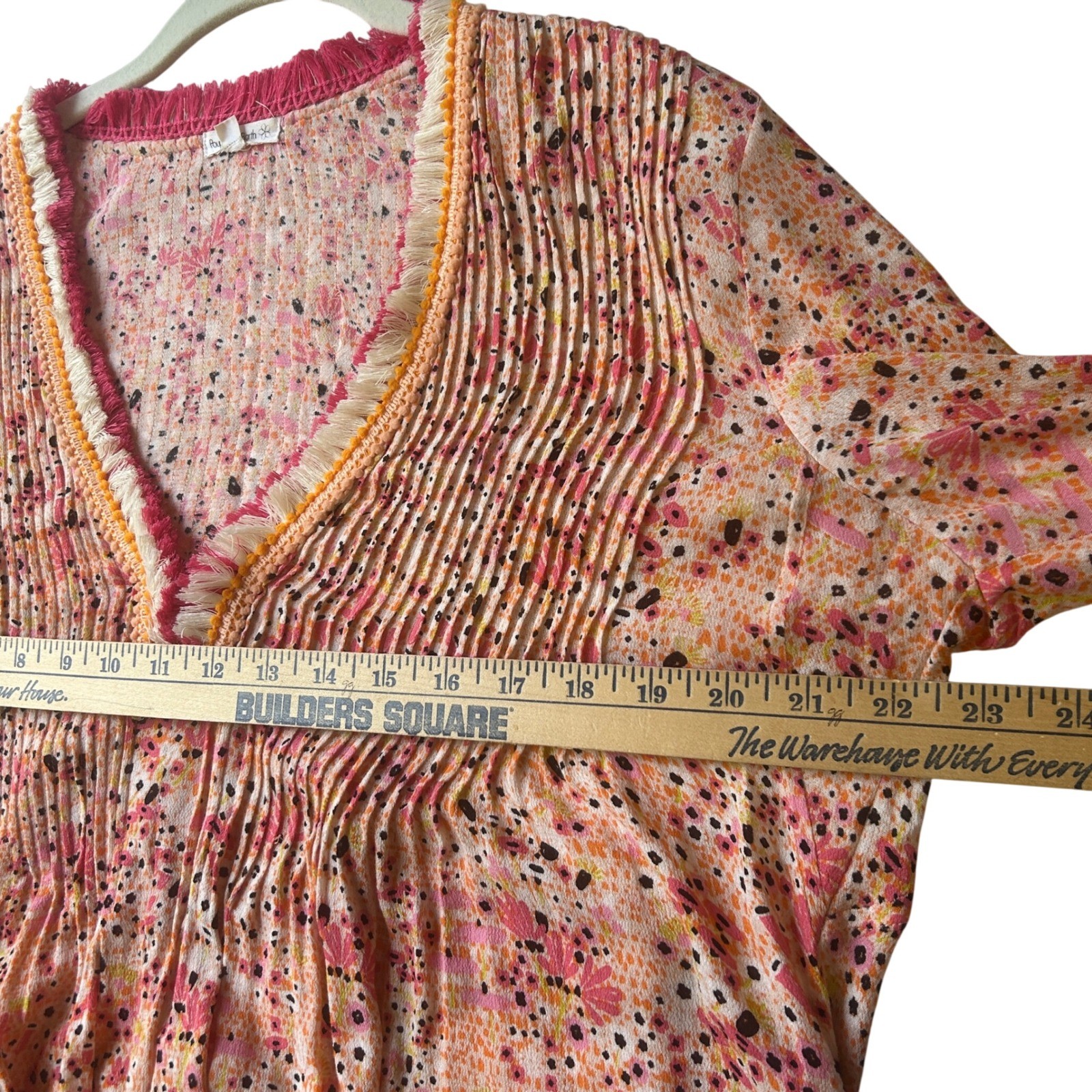 Poupette St Barth Mini Dress M Pink Orange Floral Fringe Pintuck V-Neck Boho