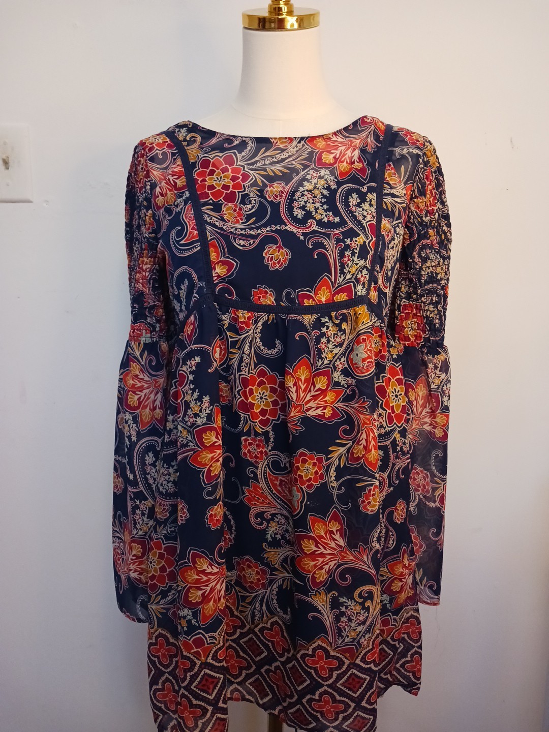 Red Camel Women’s Top Mini Dress Boho Long Bell Sleeve Blue Orange Floral Size S