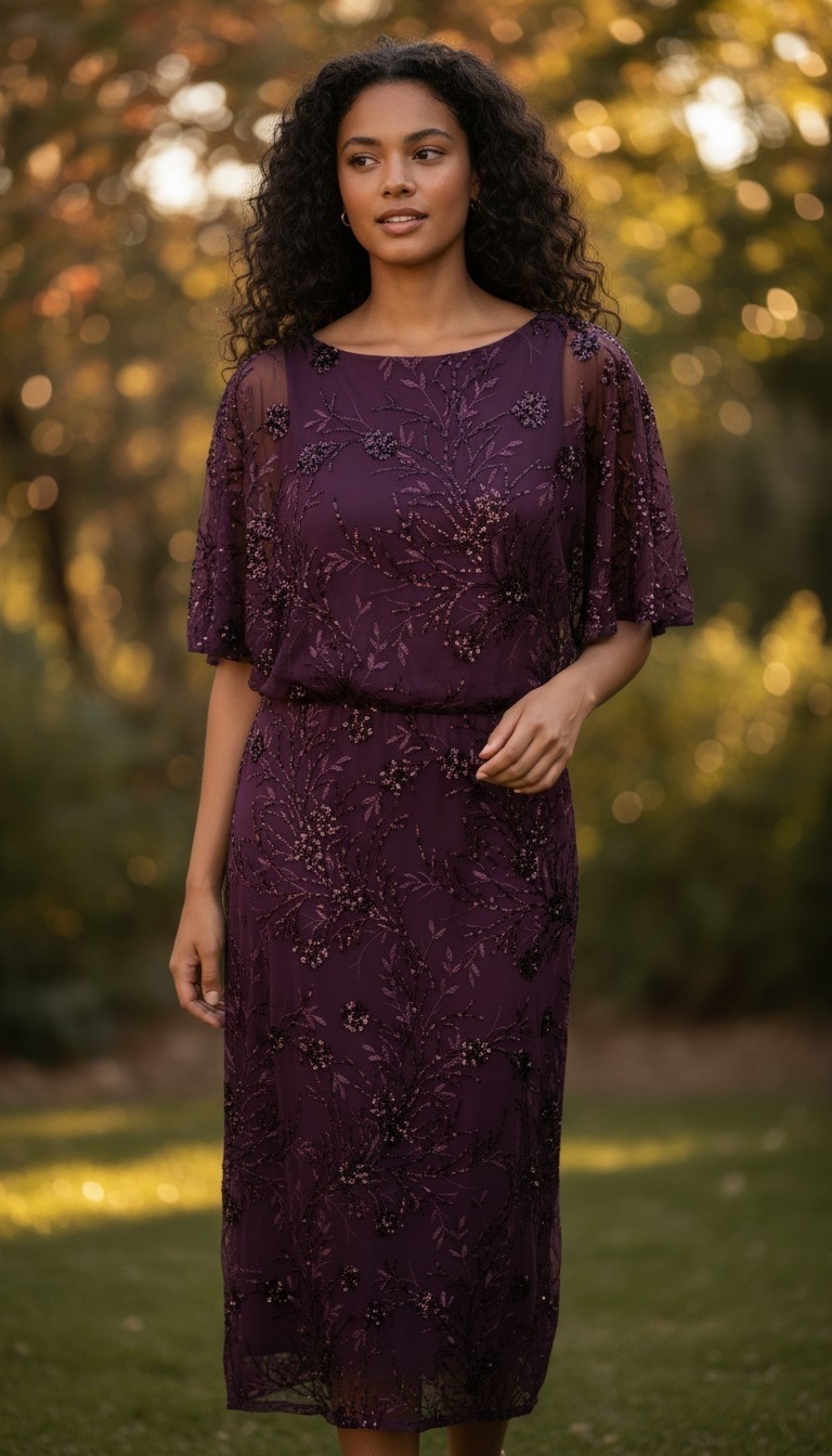 SLNY Tea Length Mesh Sequin Blouson Dress Plum Burgundy Size [Size 10]