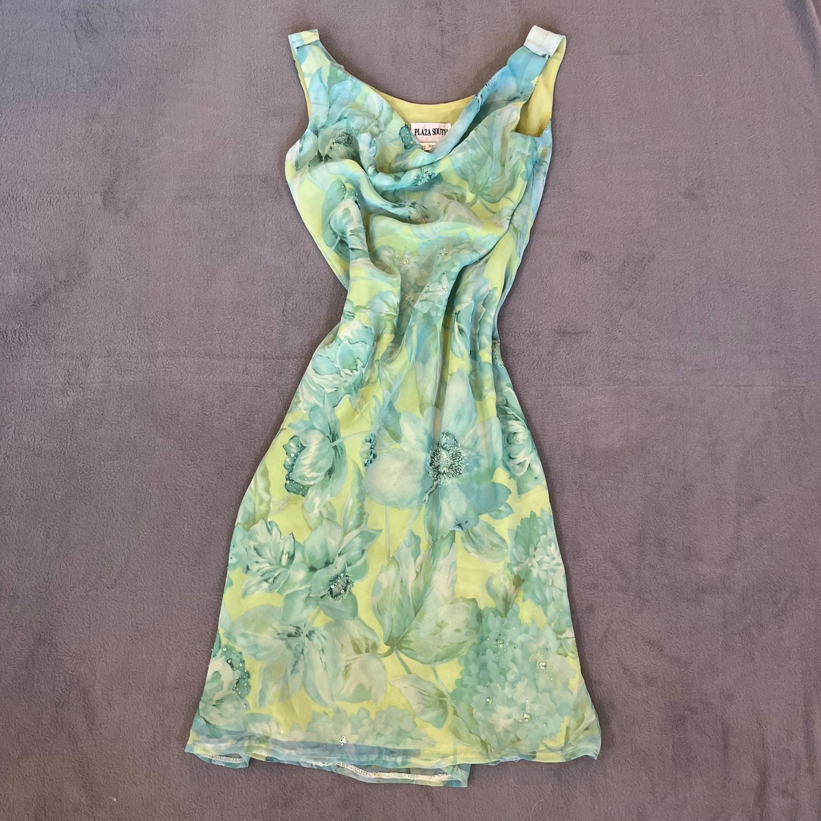 Y2K Beaded Sequin Blue Green Floral Strapless Dress Size 6 Fairy Coquette