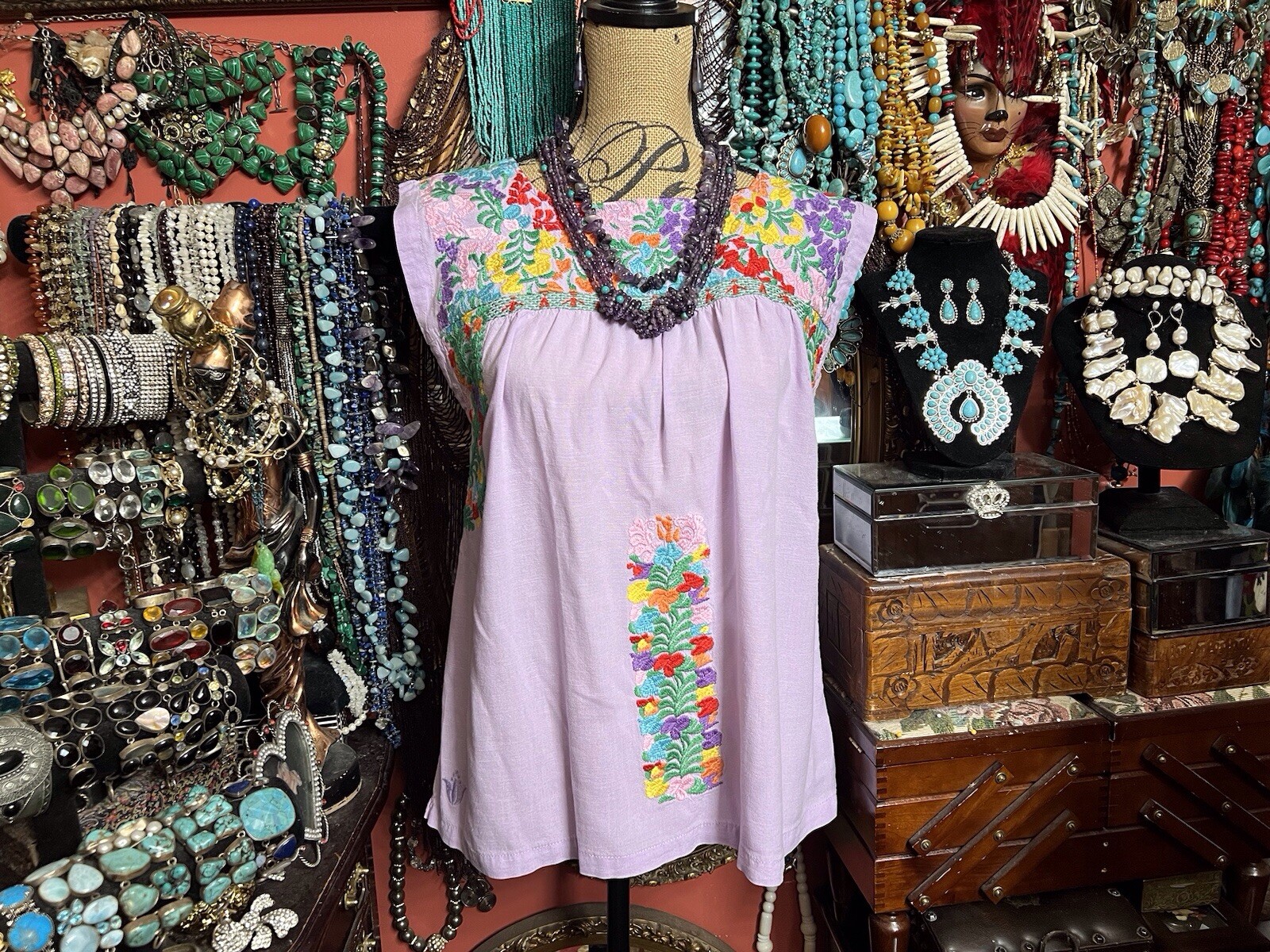 Beautiful Mexican Oaxaca Sleeveless Dress In Lavender Multi Color Embroidery SM