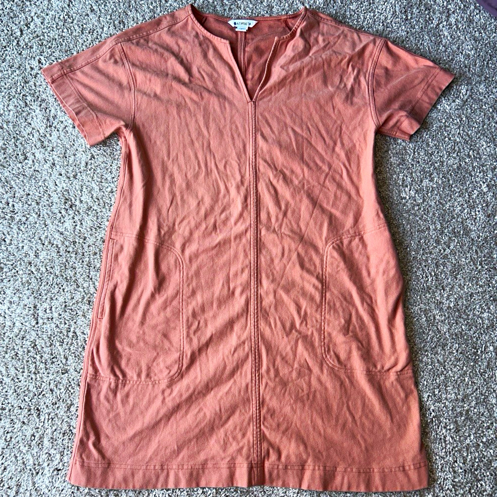 Athleta Women’s Pink Shift Dress M Solid V-Neck Short Sleeve Cotton Knit