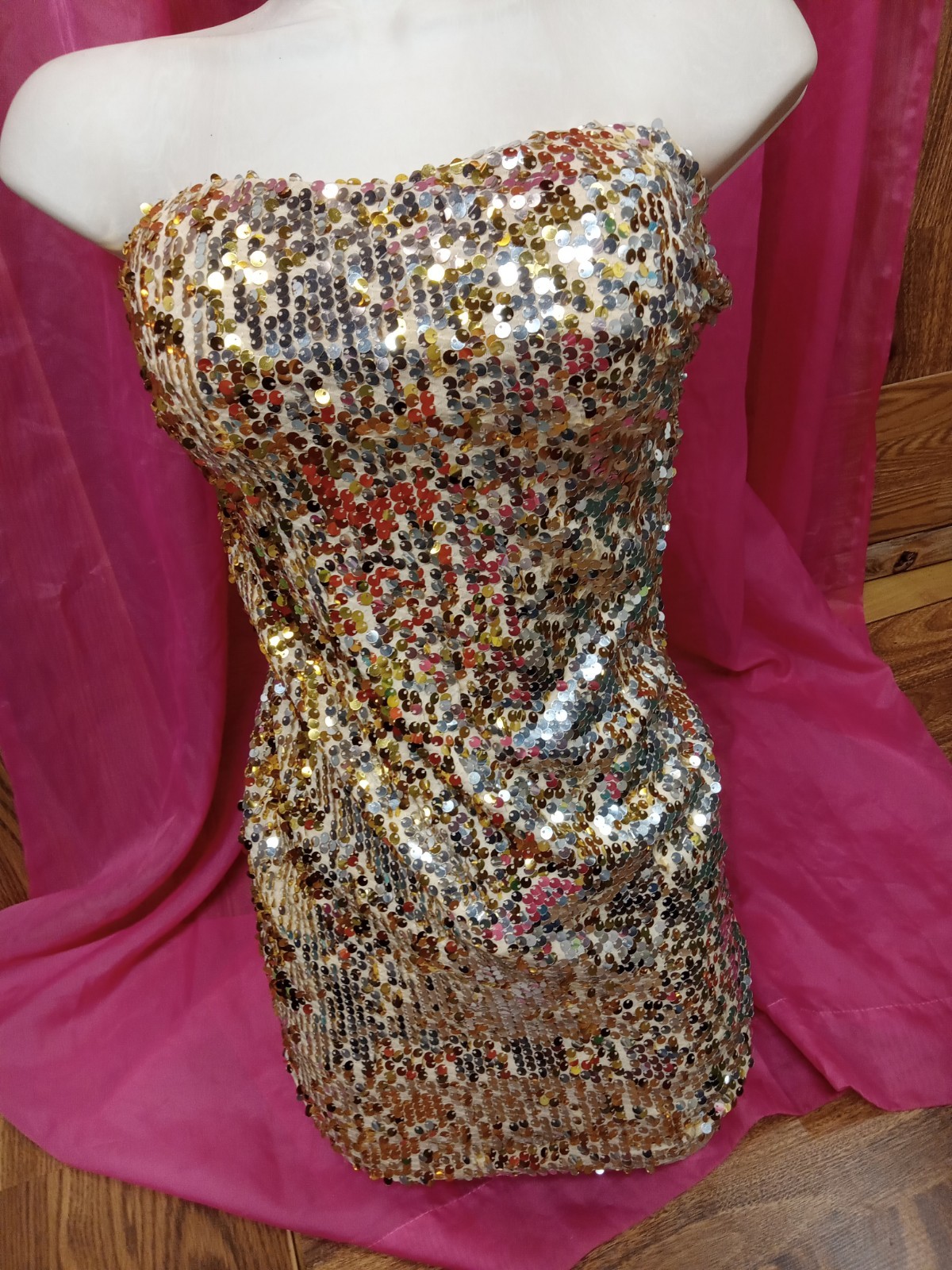 As You Wish Sequin Mini Dress Women Small Gold Strapless Bachelorette