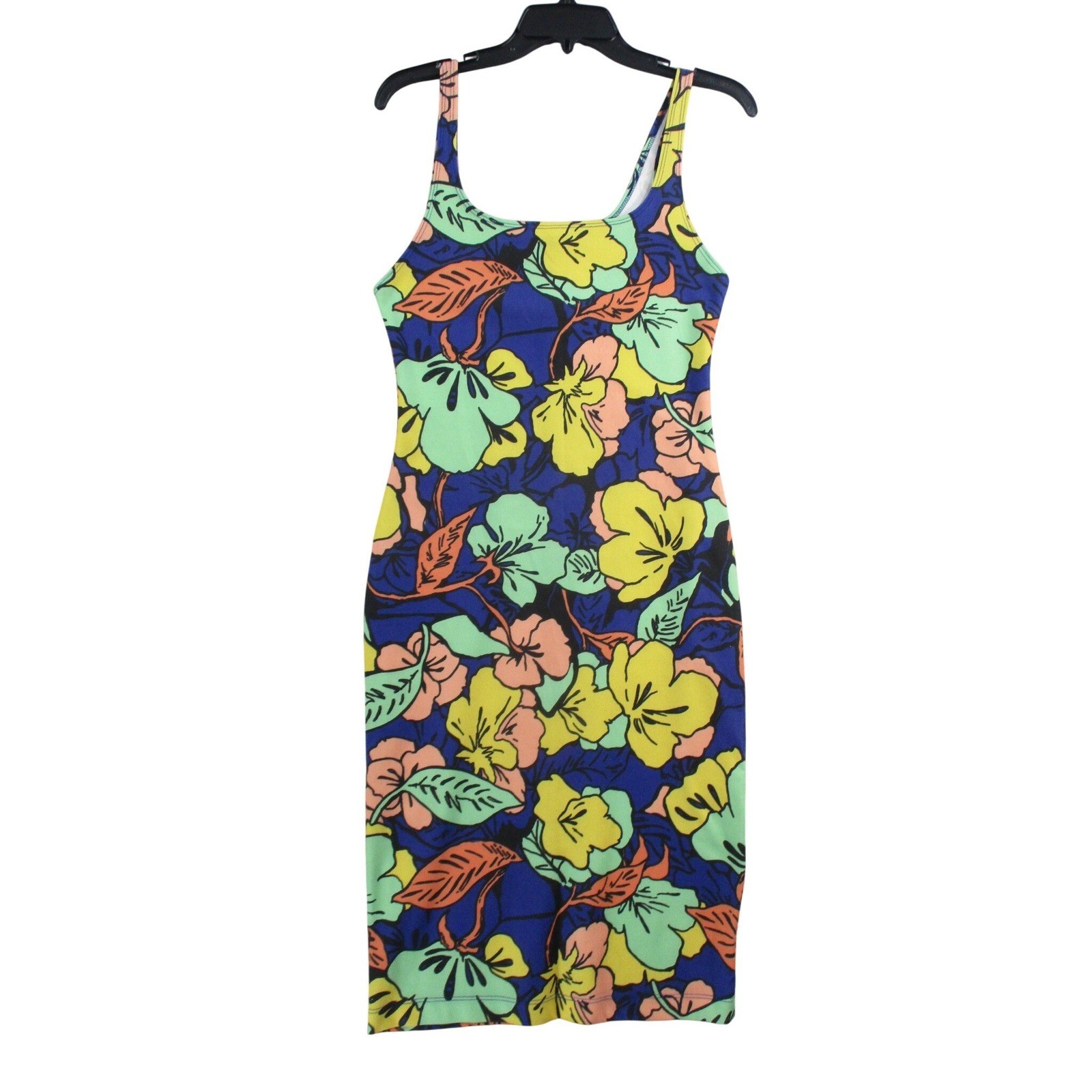 Zara Trafaluc Floral Bodycon Dress Womens Medium Blue Tropical Sleeveless Midi