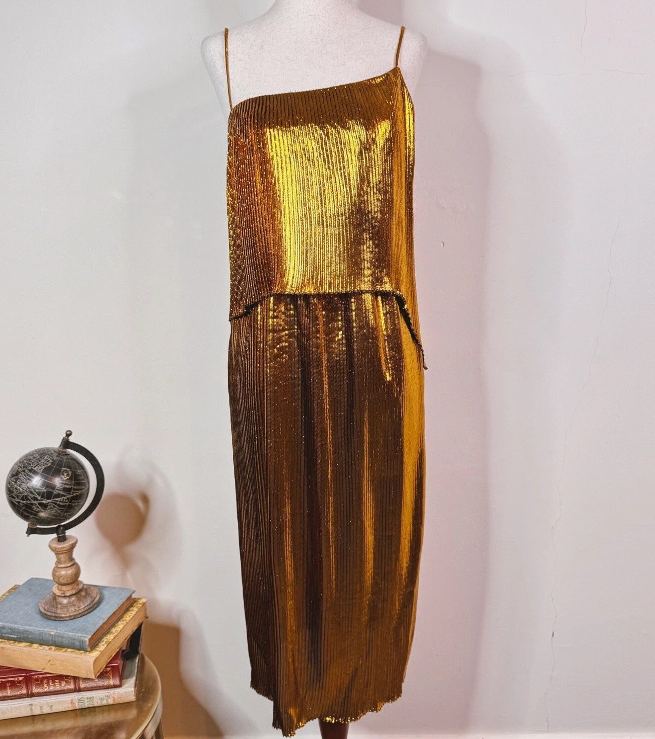 Cedric Charlier Gold Metallic Pleated Midi Dress NWT Size 40 US 6 SS 2018