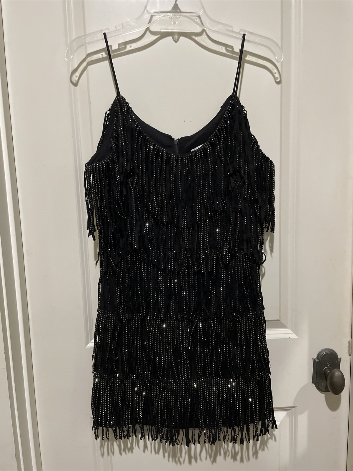 NEW Nylon Apparel Black Rhinestone Fringe Flapper Cocktail Party Dress Large