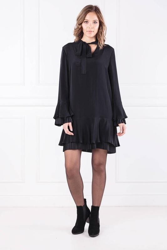 Twinset Black Silk Blend Pleated Dress Bow Long Sleeve Cocktail Midi Dress IT 48