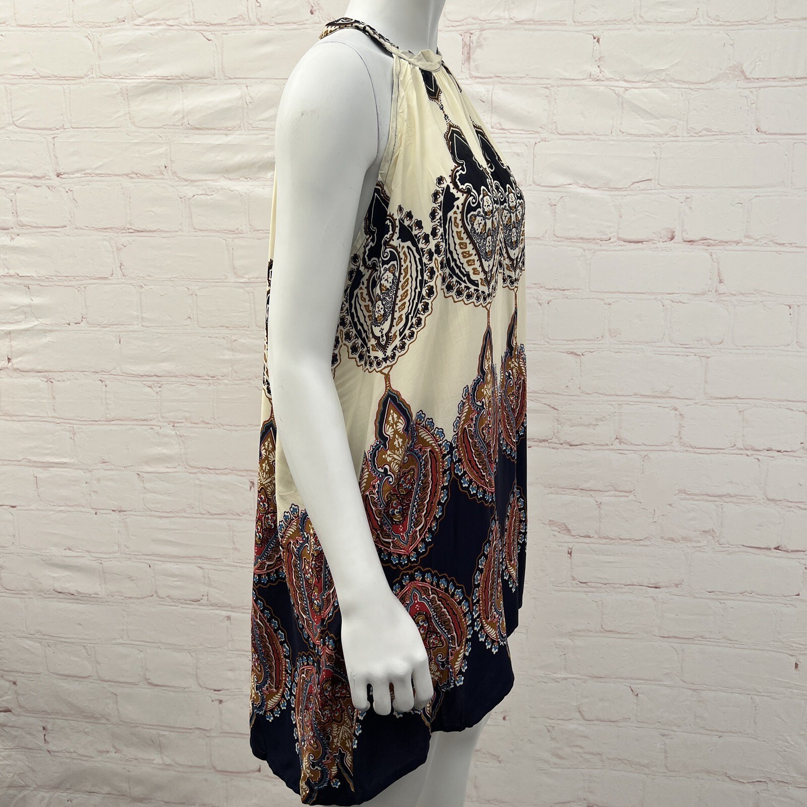 BlueTime Printed Temperament Sleeveless Hanging Neck Press Pleated Dress Beige S