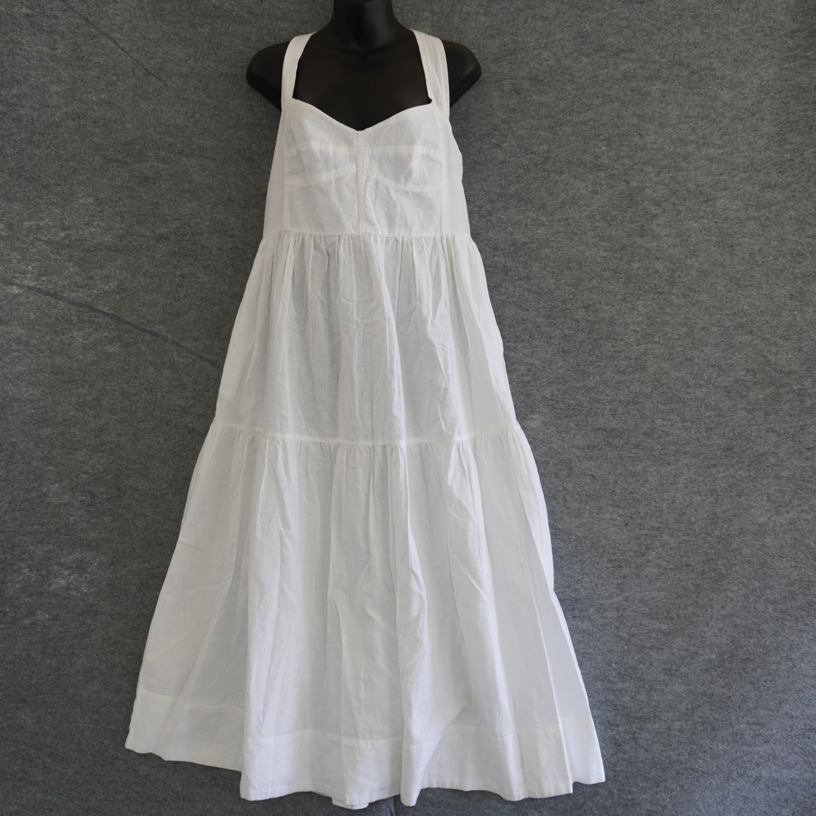 And Now This White Cotton Linen Tiered Maxi Dress Sweetheart Pockets Large NWT
