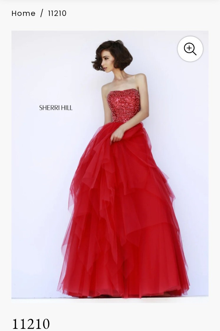 Sherri Hill 11210 Red Strapless Beaded Tulle Ballgown Prom Dress Women’s 0 XS