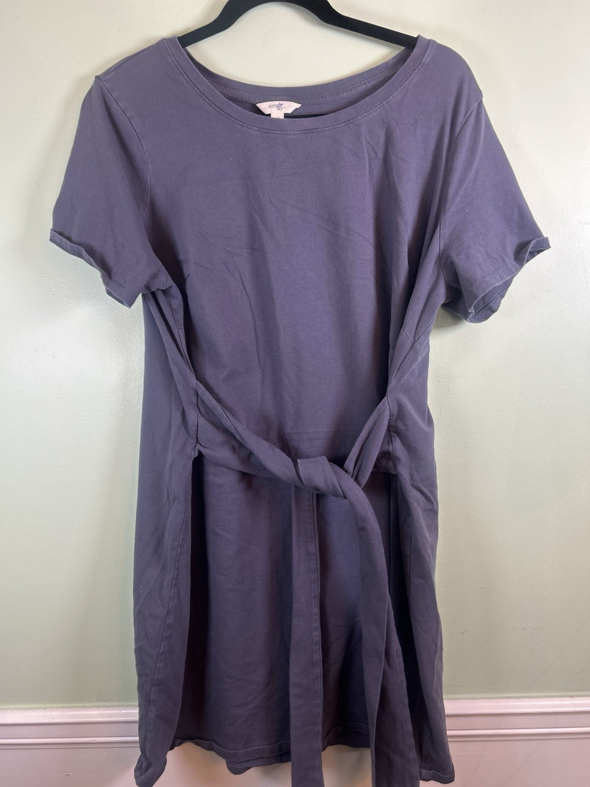 Terra & Sky 0X Gray Knit T-Shirt Dress Tie Waist Stretch Knee Length Cotton