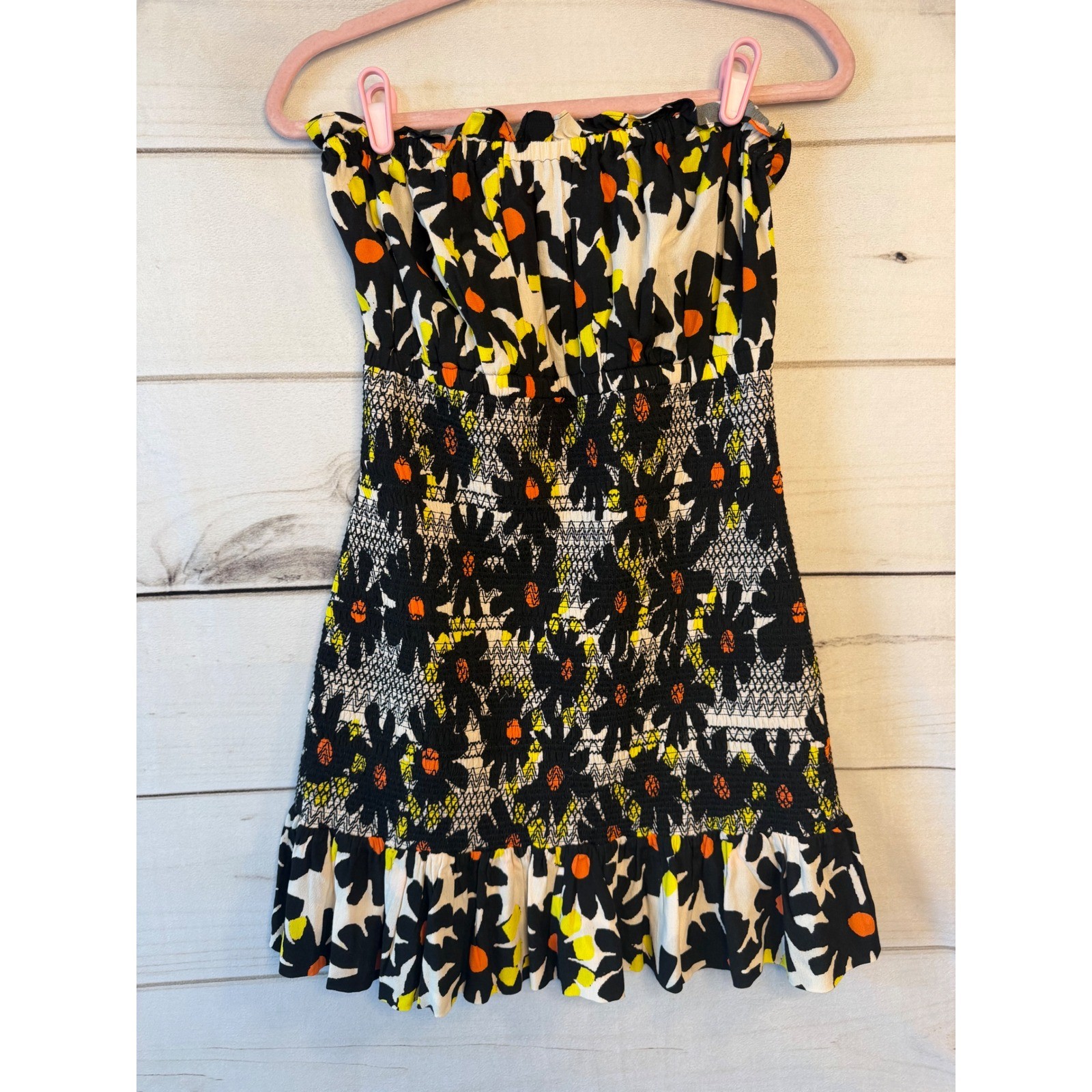 Plenty by Tracy Reese Strapless Smocked Floral Mini Dress Black Orange Small