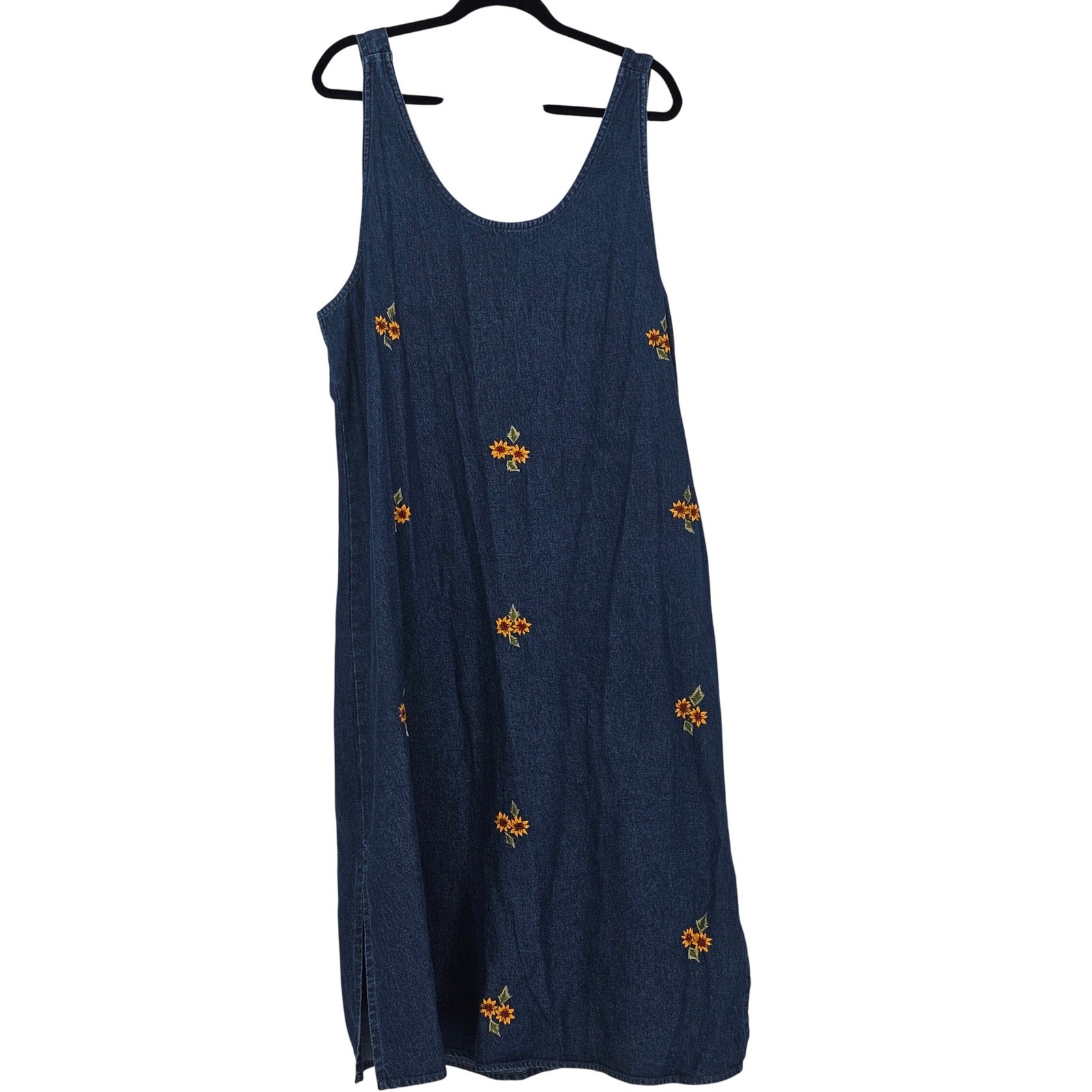 Denim Du Jour Jumper Dress 1X Blue Sunflower Embroidered Cottagecore Boho Slit