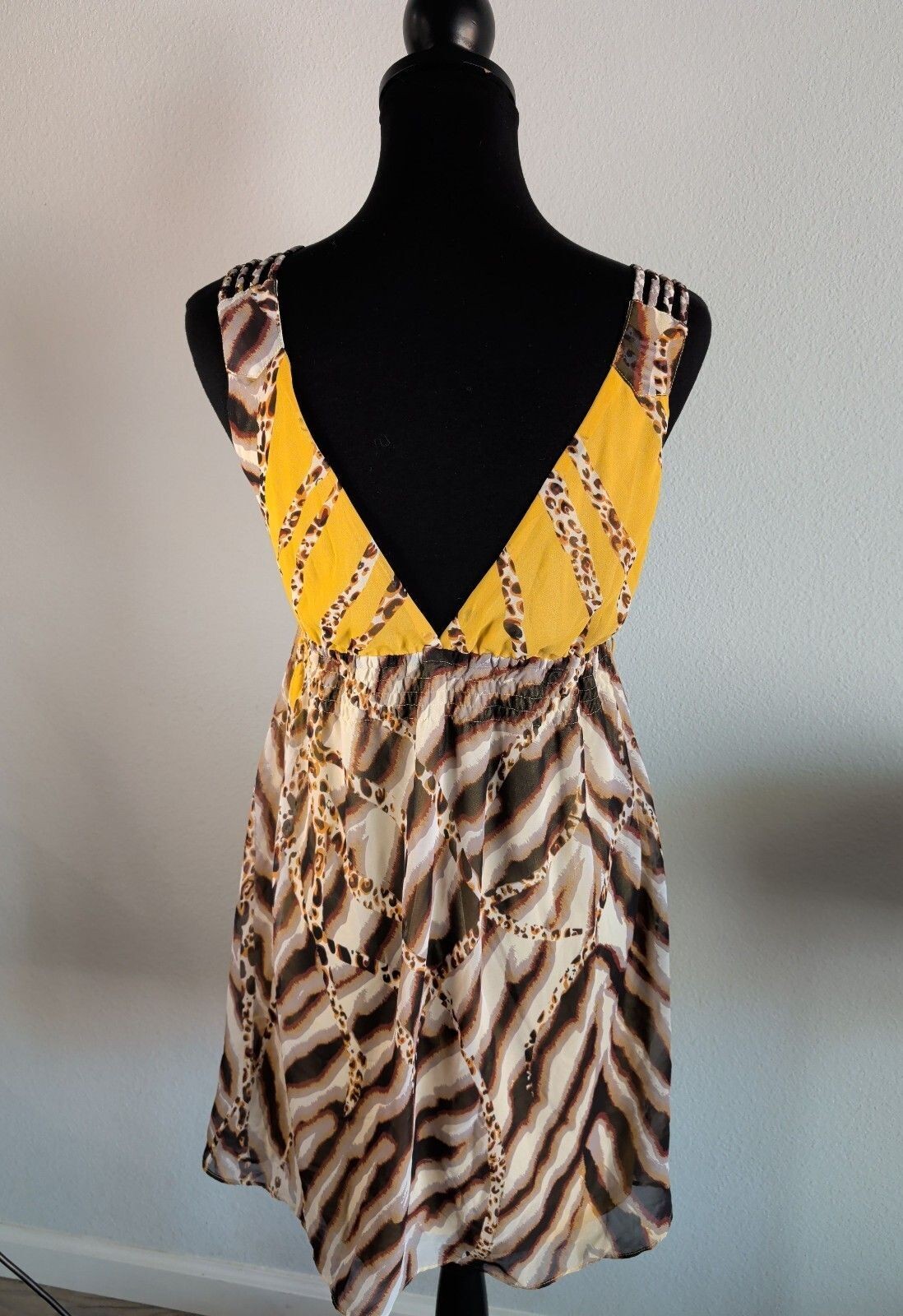 Yellow Animal Print Empire Waist Halter Dress M