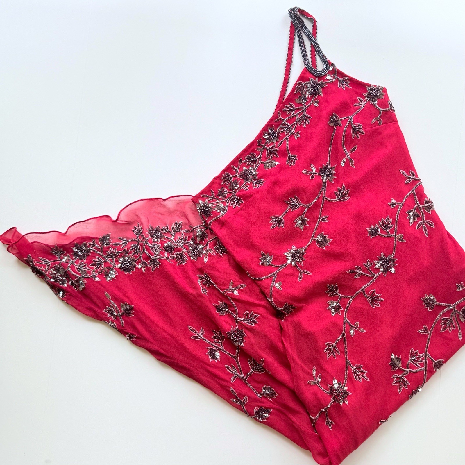 NWT Vintage Scala 1990s Red Silk One Shoulder Beaded Asymmetrical Midi Dress S