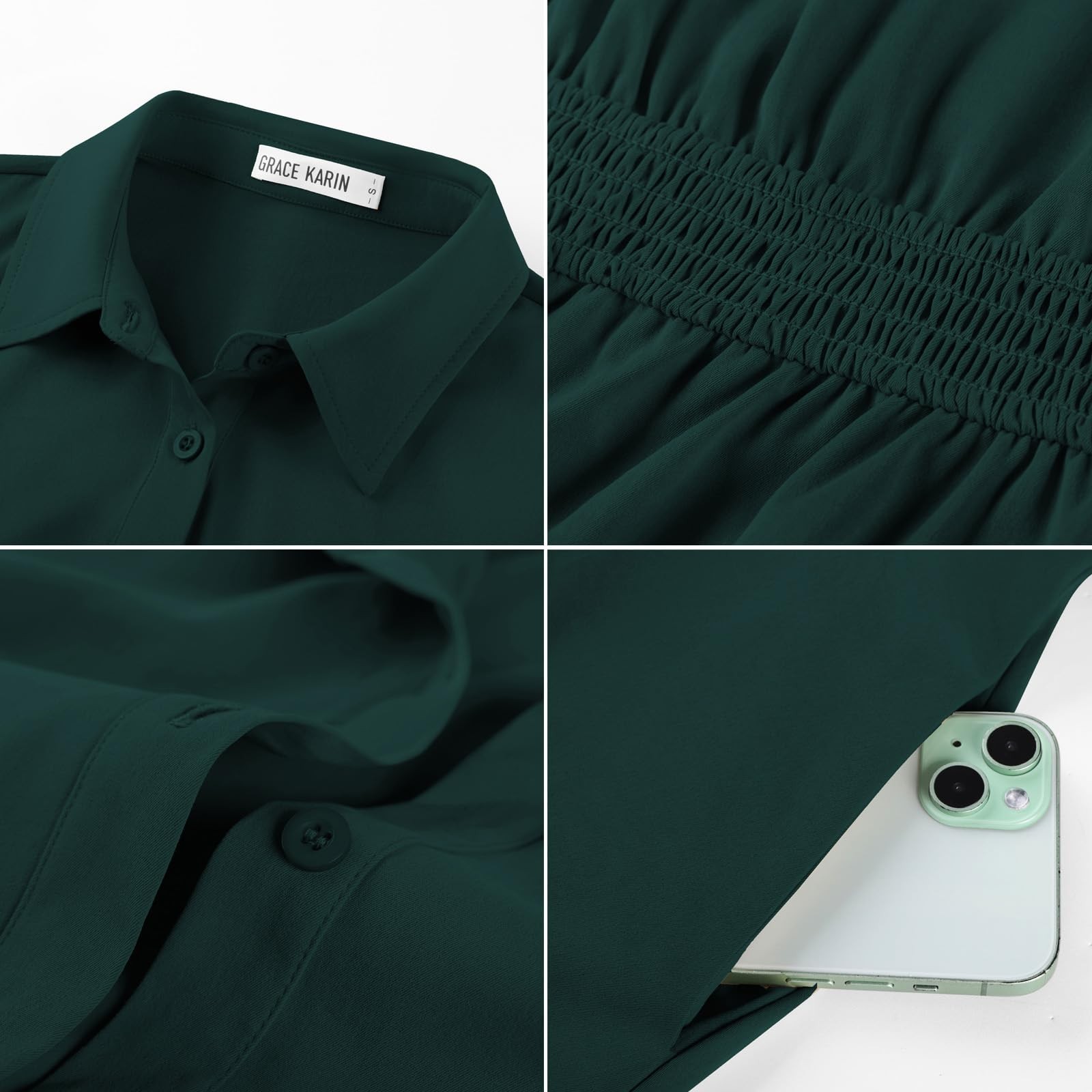 Womens Work Business Casual Midi Shirt Dresses Dark Green 2XL