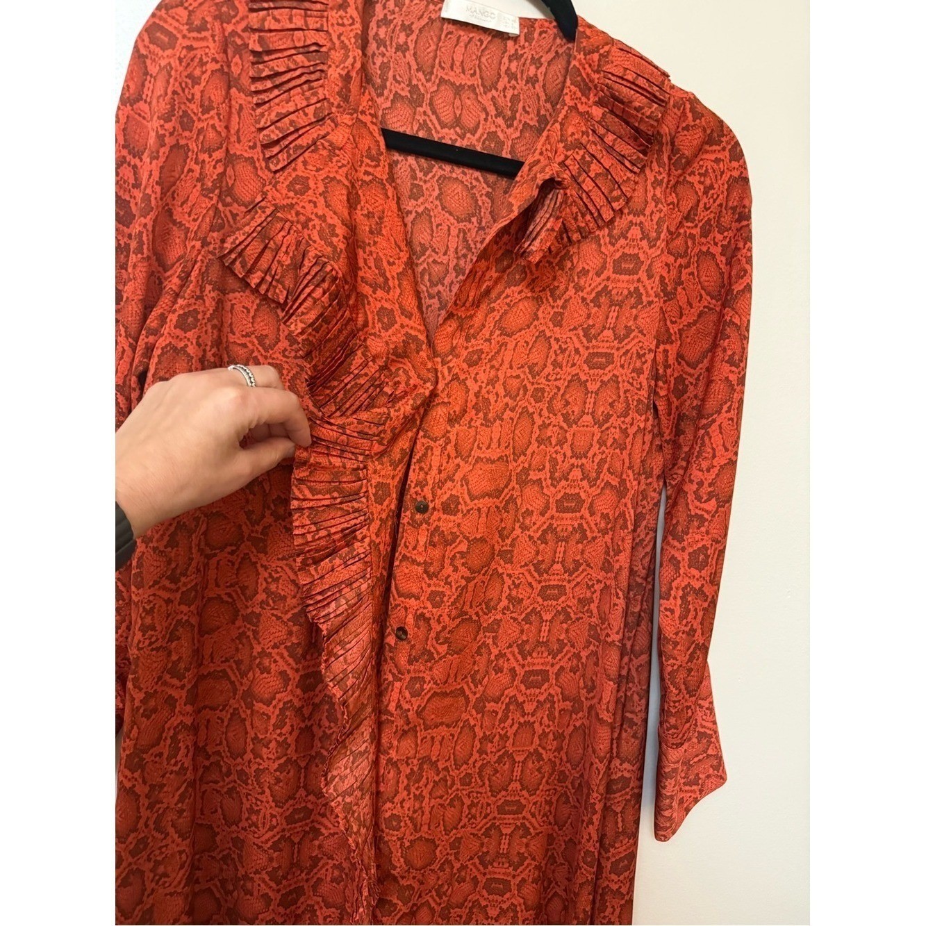 Mango Premium Red Snakeskin Print Ruffle Midi Dress Long Sleeve Size 2 XS