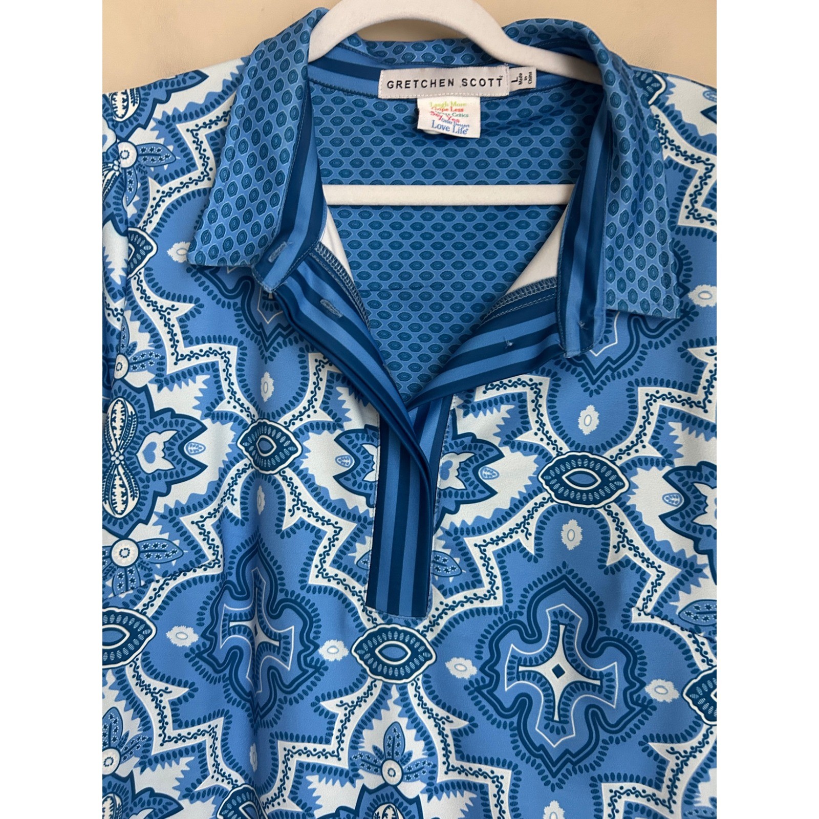 Gretchen Scott Blue White Geometric Tile Print Shift Dress 3/4 Sleeve Size Large