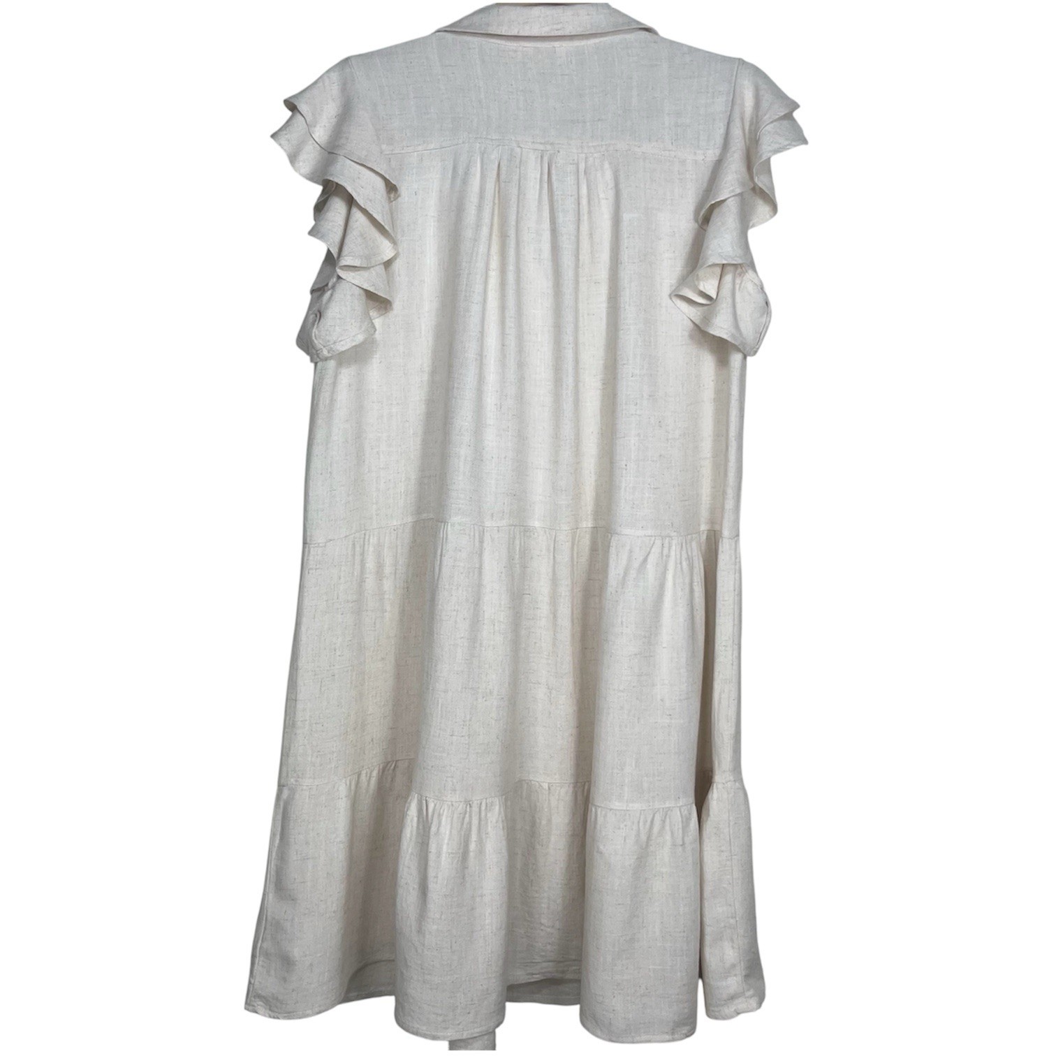 Umgee Beige Linen Blend V-neck Flutter Sleeve Tiered Midi Dress Flowy Boho, M