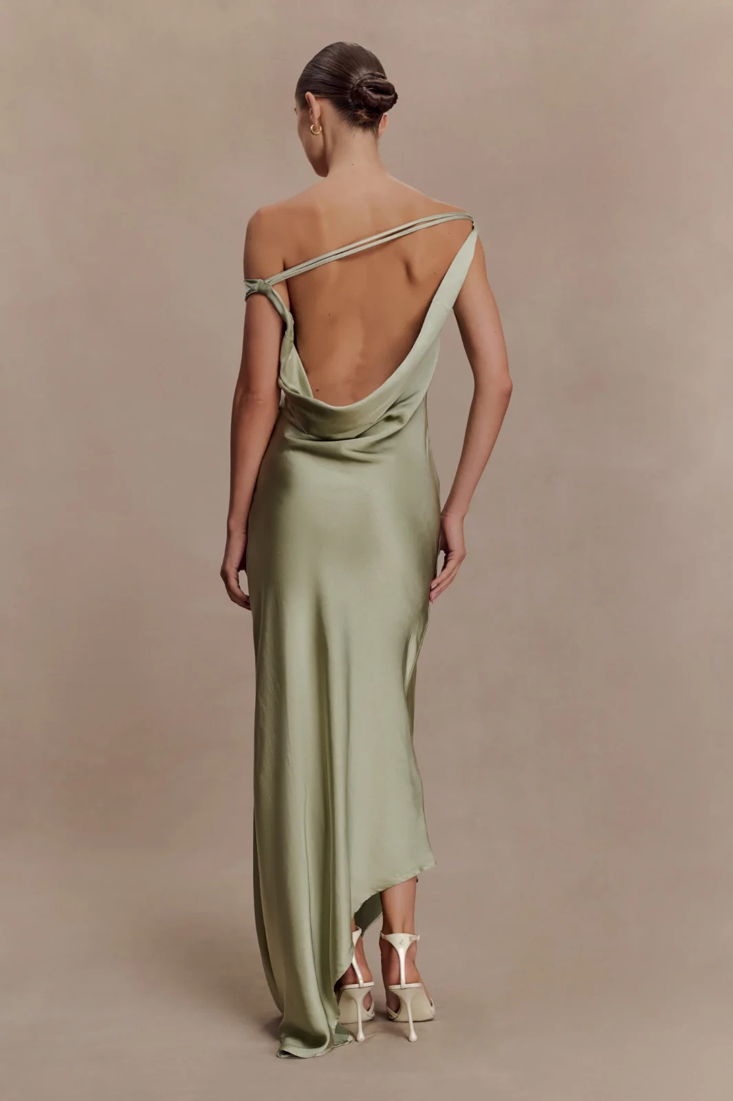 MESHKI Yvette Slip Maxi Dress With Asymmetrical Hem Sage Green Sz Medium Med NWT