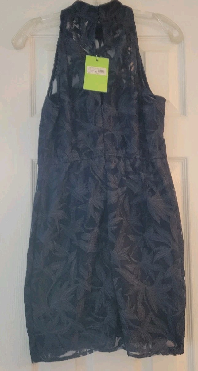 Sam Edelman Leaf Embroidery Halter Sheath Dress Navy Blue NWT $148 2