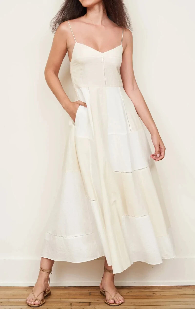 LA LIGNE Natural Ivory Patchwork Ethereal Goddess Celeste Midi Dress LARGE 10/12
