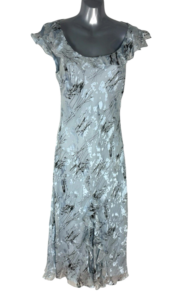 Precis Petite Dress Size 12 Blue Grey Abstract Print Ruffle V Neck Y2K Midi Maxi