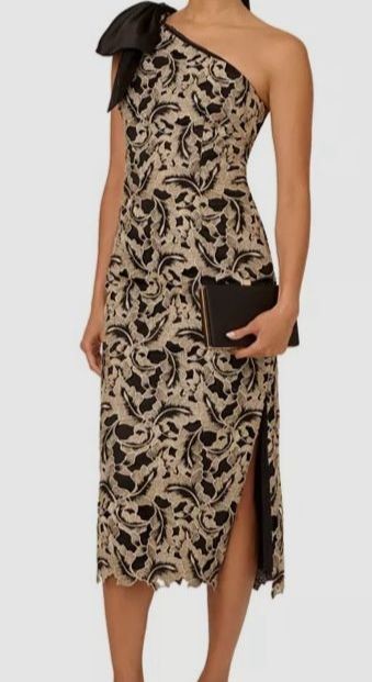 Adrianna Papell Women’s Black Metallic Leaf Lace Sheath Ankle Dress Size 16