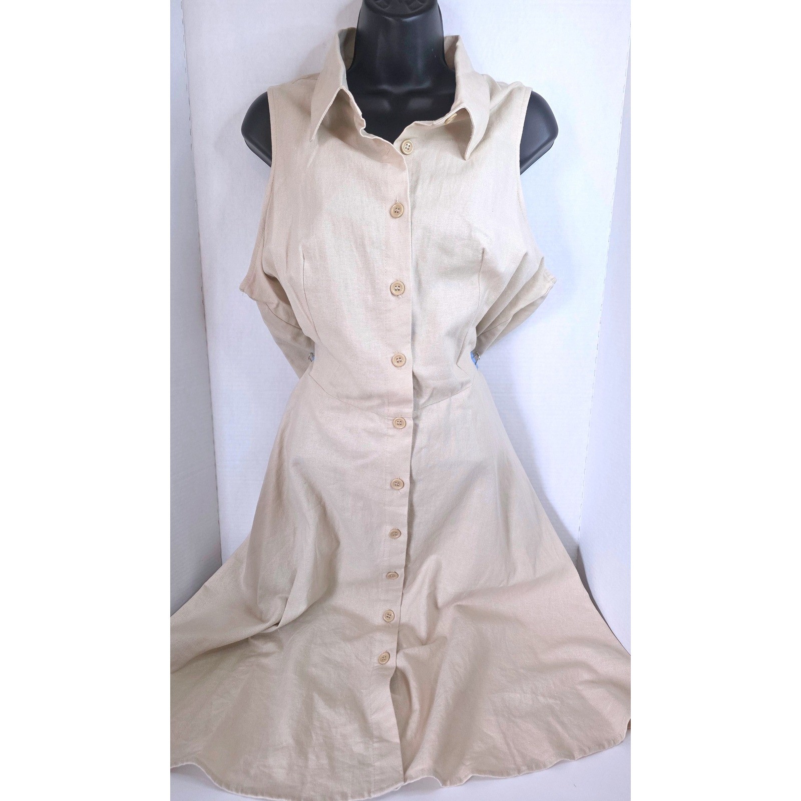 AA Studio Khaki Linen Blend Button Front Sleeveless Midi Shirtdress 16 RUN SMALL