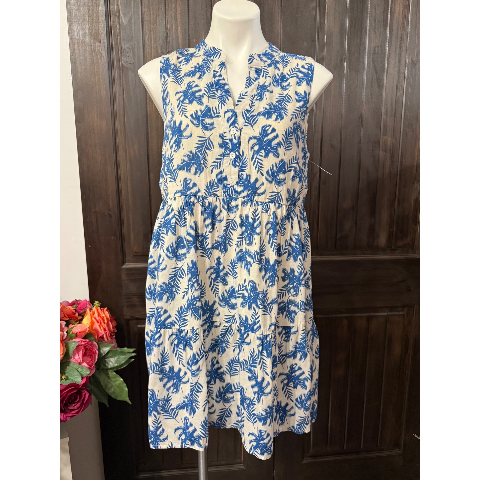 Gilli Womens Blue Tropical Palm Leaf Linen Blend Tiered Mini Dress Petite Medium