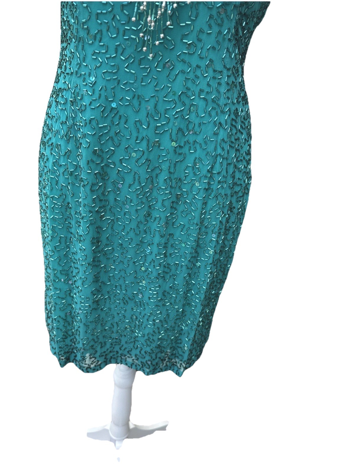 Cache Beaded Sequined Teal Formal Evening Dress Sz 8 Party 90s Y2K Flapper NYE