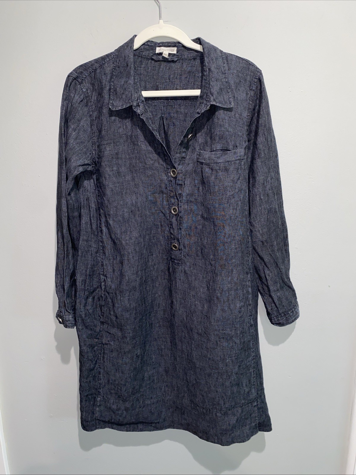 Eileen Fisher Womens Blue 100% Organic Linen Collar Shirt Dress Sz Small Pockets