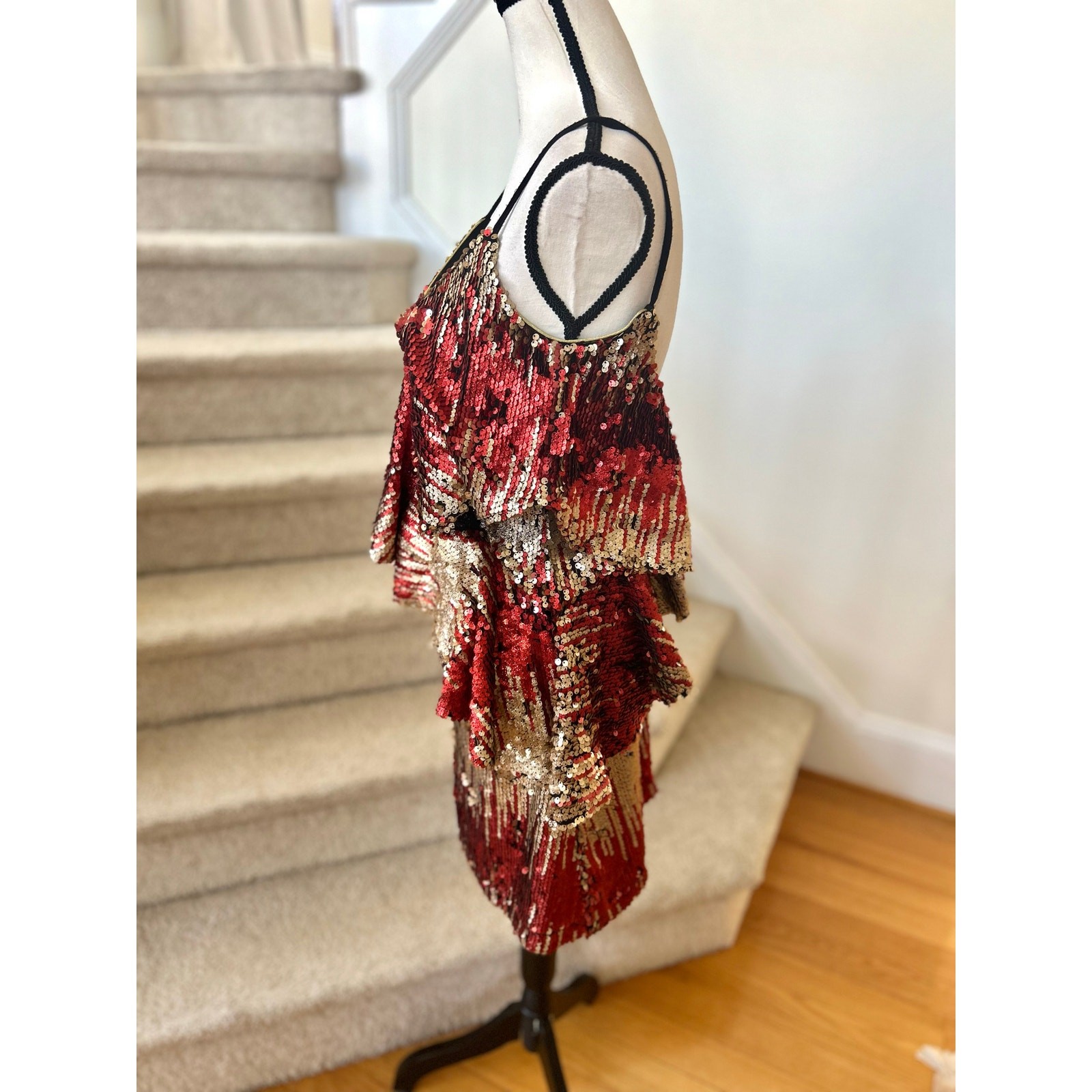 NWT NBD Caliente Red & Gold Glitter Sequin Ruffle Mini Dress